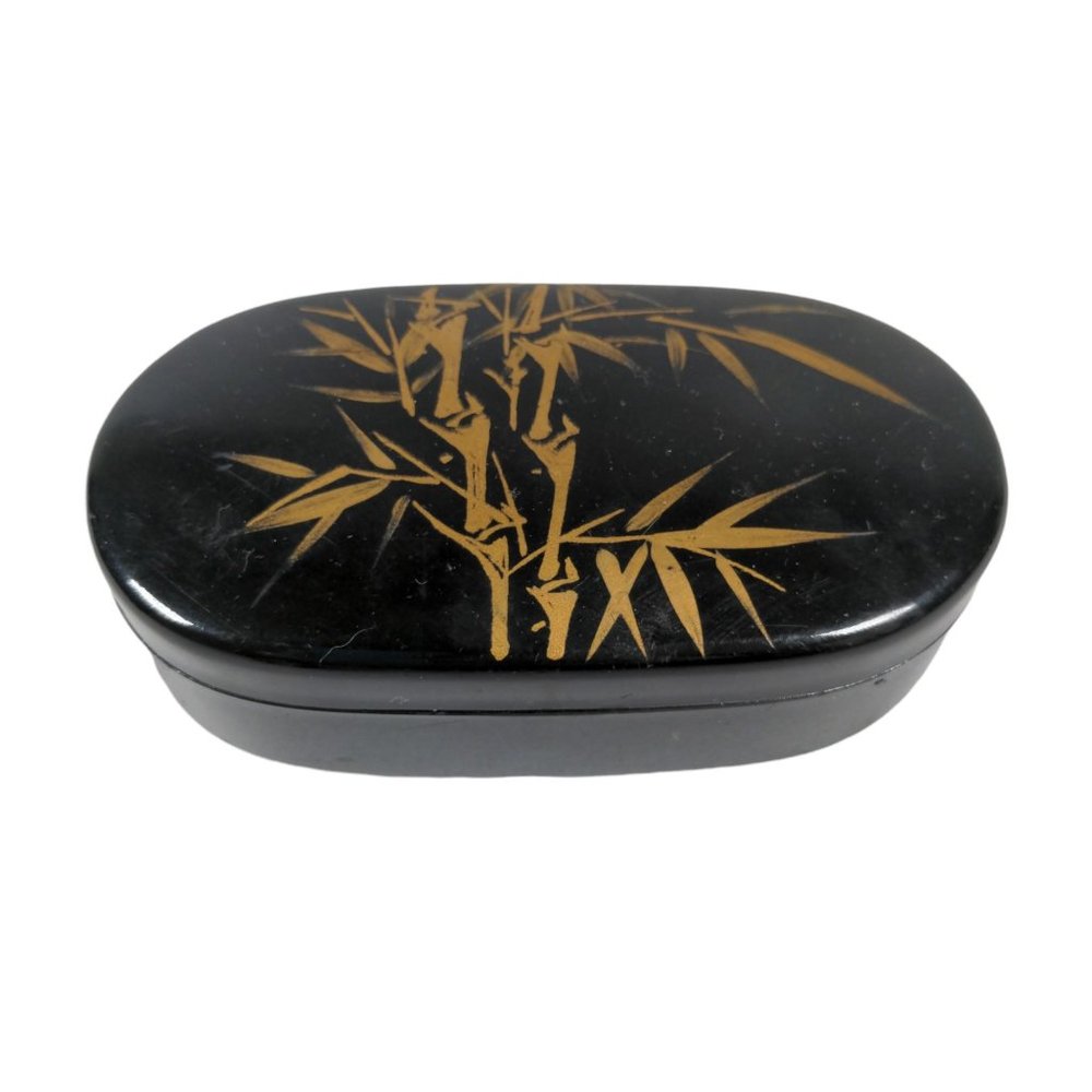 Vintage Asian Style Black Plastic Trinket Box Oval Gold Paint Bamboo Hinged Lid